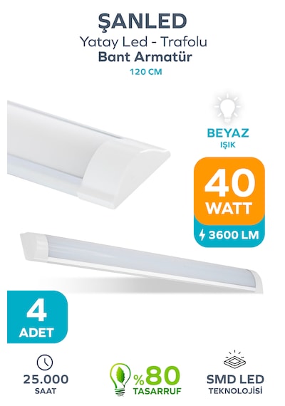 120 Cm 40 Watt Yatay Led Bant Armatür-trafolu Beyaz Işık -4 Adettir