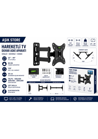 Hareketli Tv Askı Aparatı 22 49" 80 Kg Çift Kollu