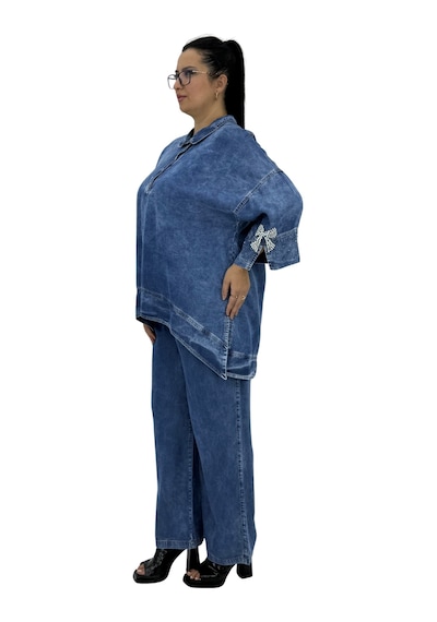 Büyük Beden Denim Tensel İnci Boncuk İşlemeli Kapri Kol Yarım Düğme Detaylı Kadın Takım Mavi Büyük Beden Denim Tensel İnci Boncuk İşlemeli Kapri Kol Yarım Düğme Detaylı Kadın Takım Mavi