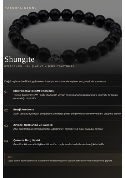 8mm Hakiki Şungit Shungite Doğal Taş Bileklik - Emf Koruması Alpaka Ara Aparatlı Siyah