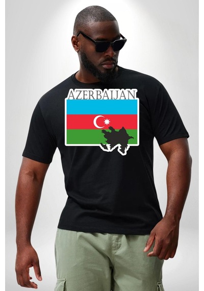 Angemiel Azerbeycan Bayrak Ülke Siyah Büyük Beden Erkek Kadın Unisex Basic Ön Baskılı Tişört Siyah
