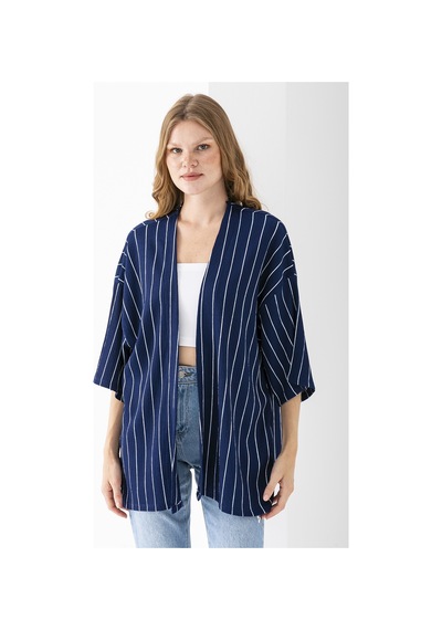 Giysa Kadın Yarım Kol Çizgili Bürümcük Kimono Lacivert - 254406 Lacivert