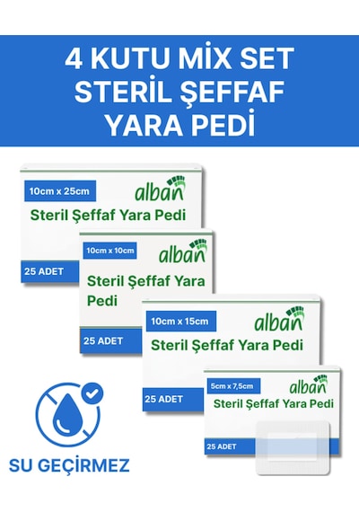 Alban Steril Şeffaf Yara Pedi, 4 Kutu Kombo Paket,poliüretan Yara Örtüsü, Steril Tekli Paketlerde 100 Adet
