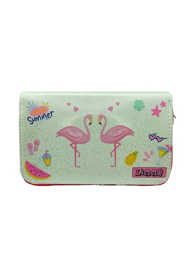 Simli Işıltılı Kuğu Flamingo Kalem Kutusu Vegan Deri Kalemkutu Üç Bölmeli Kalemlik - Pembe