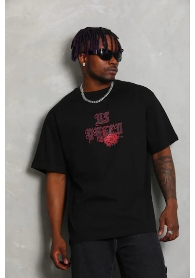 Modi Erkek Baskılı T-shirt Kısa Kol Bisiklet Yaka Regular Fit Rahat Kalıp Günlük Tişört - Siyah - Mymg185490