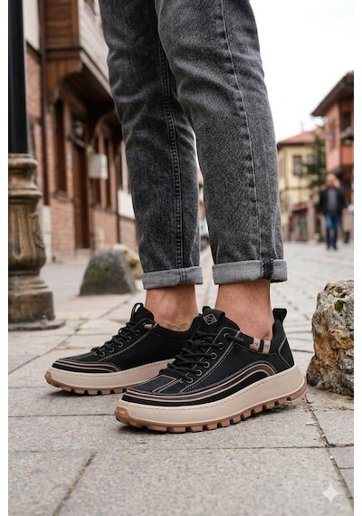 Guja 26y514 Rahat Hafif Taban Tekstil Lastik Bağcıklı Sneaker Erkek Ayakkabı Siyah