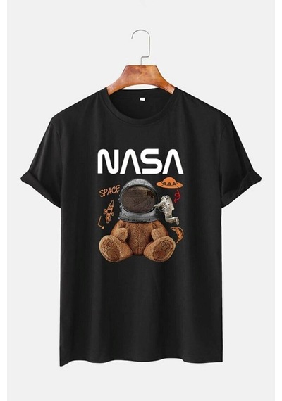 Flood Of Style Unisex Gri Ayıcık Nasa Baskılı Tshirt Siyah