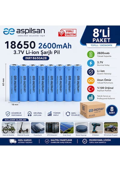 Aspilsan 18650 2600mah 3.7v Li-ion Şarjlı Pil 8'li Paket Inr18650a28  Lityum İyon Batarya Yerli Üretim