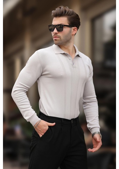 Madmext Gri Polo Yaka Çizgili Erkek Triko Kazak 7265 Gri