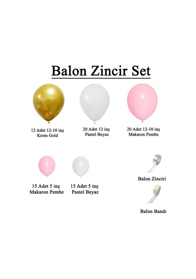 Krom Gold, Pastel Beyaz Ve Makaron Pembe Temalı Balon Seti Pembe