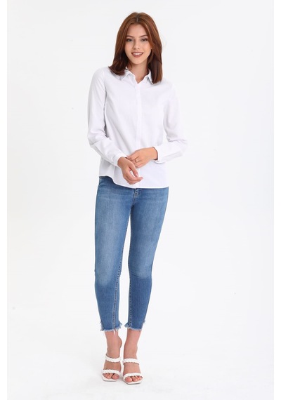 Pera Moda Kadın Pamuk Fitilli Uzun Kollu Basic Klasik Gömlek Beyaz