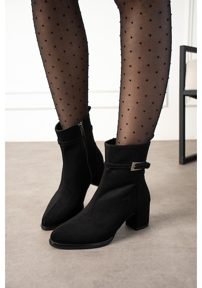 Dabab Shoes Lunara Kadın Siyah Süet Tokalı Topuklu Kısa Konç Bot Bootie