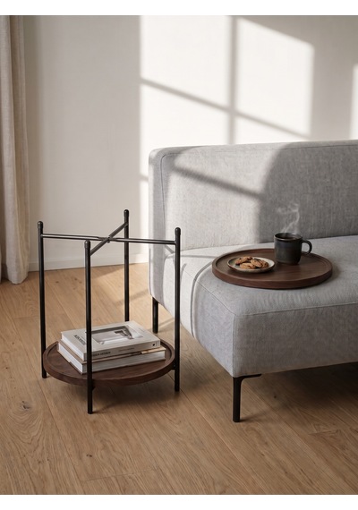 Orbis Masif Ahşap İki Katlı Tepsili Yuvarlak Yan Sehpa - Mat Ceviz 37x52 Cm Diğer