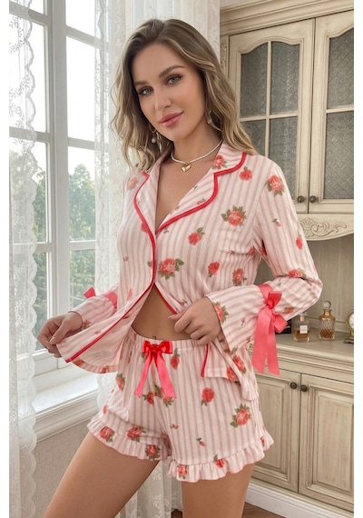 Bella Notte Pembe Romantik Gül Desenli Fiyonk Detaylı Şortlu Pijama Takımı