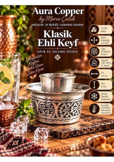 Aura Copper Bakır Ehlikeyf Bardak Soğutucu El İşlemeli Ve Jelli Modeller Açık Gri
