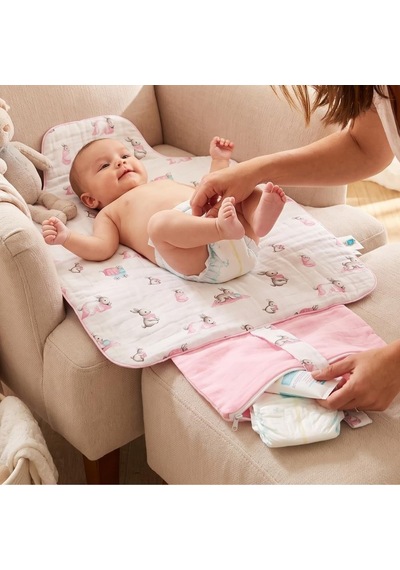 % 100 Pamuk Çantalı Pratik Katlanabilir Alt Değiştirme Matı - Bébé Lapin Rose Pad1019