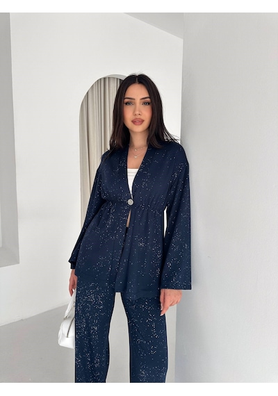 Kadın Simli Uzun Kol Modal Kumaş Kimono Pantolon İkili Takım Şık Ve Rahat Kadın Takım Lacivert Kadın Simli Uzun Kol Modal Kumaş Kimono Pantolon İkili Takım Şık Ve Rahat Kadın Takım Lacivert