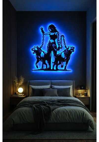 Led Işıklı Güçlü Zincirli Kadın Ve Kurt Köpek Figürlü Tablo Dekoratif Gece Lambası Mavi - 825805816 Mavi