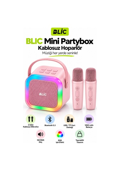 Blic Bls-97 Pembe Partybox Çift Kablosuz Mikrofonlu Rgb Led Işıklı Taşınabilir Bluetooth Hoparlör