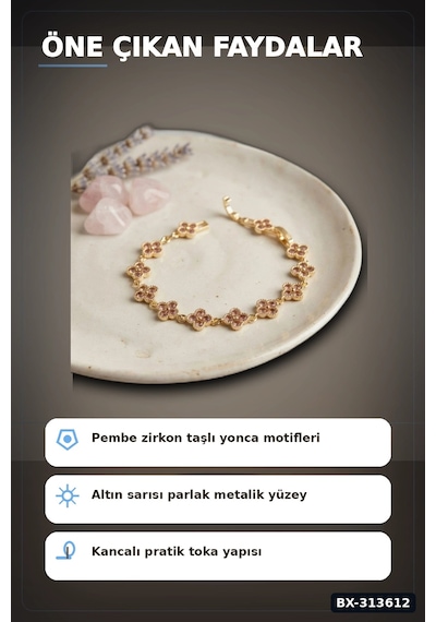 Bay Pirinç Yonca Desenli Zirkon Taşlı Kadın Bileklik - Tekli Paket, Rengi Zarif Aksesuar Bx-313612 Najmaddin Standart