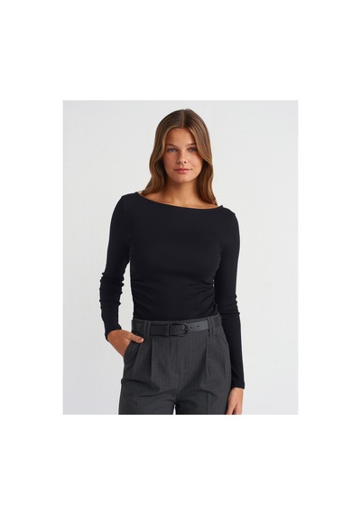 Dilvin 31401 Büzgülü Kayık Yaka Top Koyu Kahve