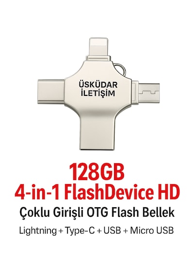 Üsküdar İletişim 128gb 4-in-1 Flashdevicehd Çoklu Girişli Otg Flash Bellek Lightning + Type-c + Usb + Microusb 128 Gb