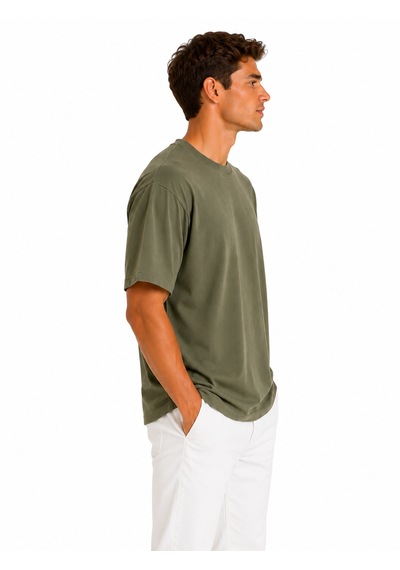 Vasto Moda Erkek Tam Oversize Kalıp Kalın Dokulu Organik Pamuk Bisiklet Ribana Yakalı Haki T-shirt Yeşil - Haki
