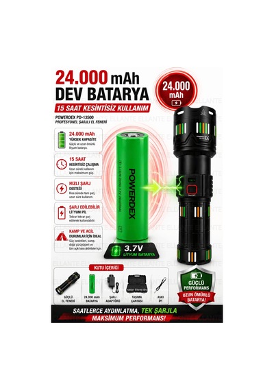 Şarjlı El Feneri 5000 Lümen 24.000 Mah Lityum Pil Taşıma Çantalı Profesyonel Set Pd-13500 Çok Renkli