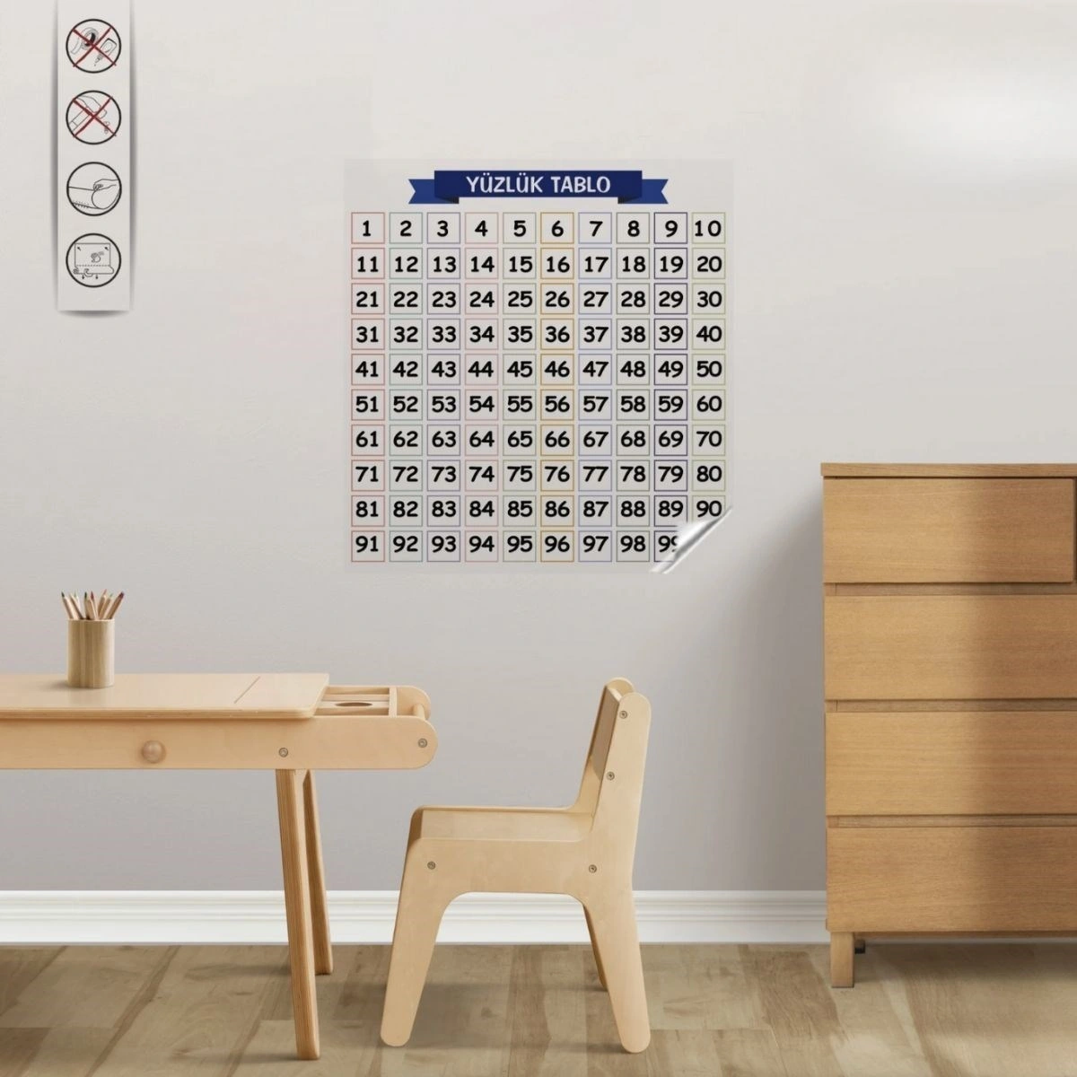 Buradabuldun Matematik Öğreten Yüzlük Tablo Duvarda İz Bırakmaz Akıllı Kağıt Yapışkansız Statik 60x60 Cm Çok Renkli