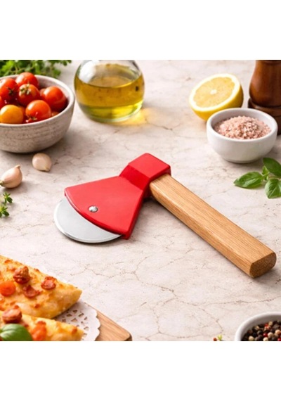 Pizza Kesici - Balta Tasarımlı - Ahşap Saplı - Paslanmaz Çelik Bıçaklı Çok Renkli