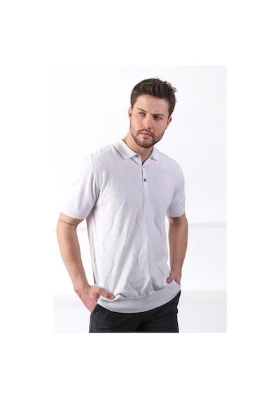 Ferraro Beyaz Polo Yaka Baklava Desen Erkek Pamuk Triko T-Shirt-Beyaz