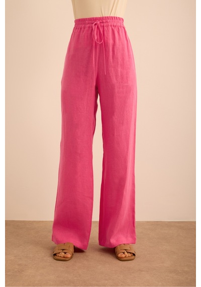 Aker Beli Lastikli Keten Pantolon Pembe Pembe