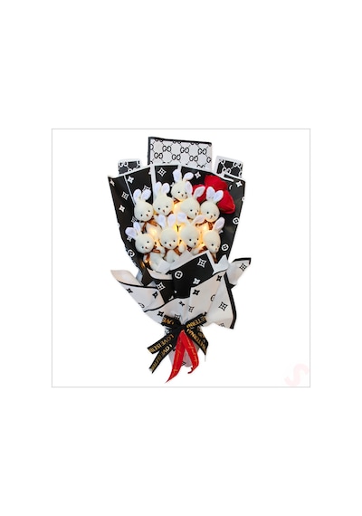 9 Beyaz Pelüş Tavşanlı Led Işıklı Siyah Buket, 65cm x 45cm