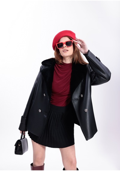 M M Marki Marki Hakiki Deri Kadın Mont Siyah İçi Kürklü Kruvaze Düğmeli Blazer Model 70 Cm - 120522