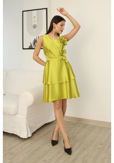 Lodmela Çiçek Detaylı Saten Elbise 2371-olive Olive