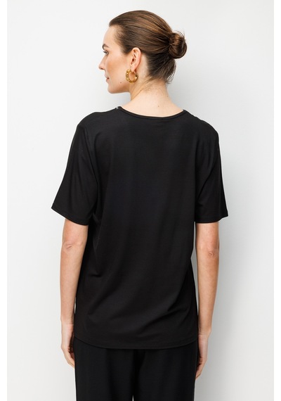 Desen Triko Kadın V Yaka Yaka Kenarı Zincirli Penye T-shirt 26707 Siyah Siyah