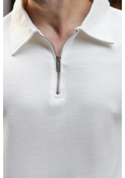 Madmext Ekru Yarım Fermuarlı Polo Yaka Dokulu Erkek Sweatshırt E7197