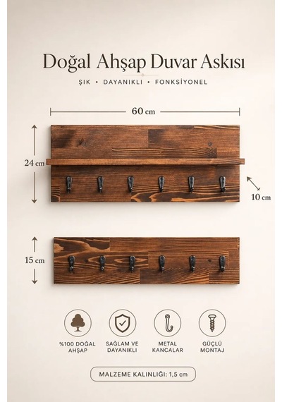 Masif Duvar Askılığı Raflı 60 Cm 12 Kancalı Anahtarlık & Portmanto Rustik Duvar Ahşap