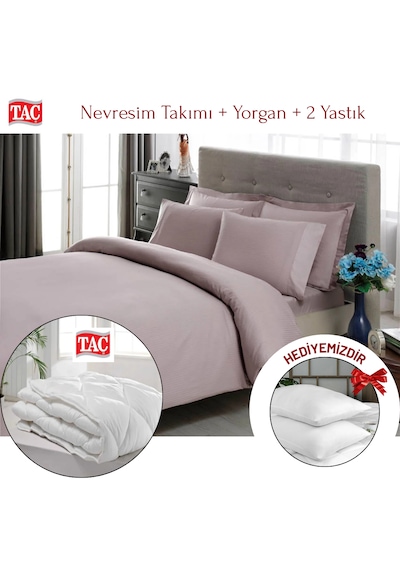 Taç Çift Kişilik Premium Basic Stripe Saten Nevresim Takımı Yorgan Yastık Lila