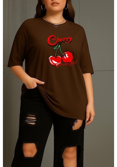 Büyük Beden Cherry Kiraz Baskılı Unisex Tişört Kahverengi