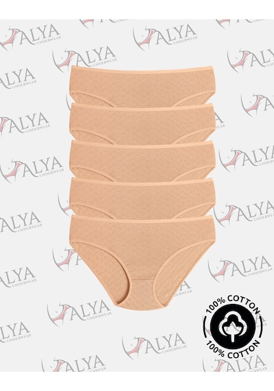 Alya Underwear %100 Pamuklu Kadın Külot Normal Bel Yükseklikli Jakarlı Kalp Desenli Kumaş Slip Ten Rengi