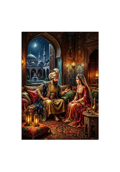 Sarayda Sultan Ve Kadın Sohbetli Dekoratif Kanvas - Mdf Ahşap Tablo Çok Renkli