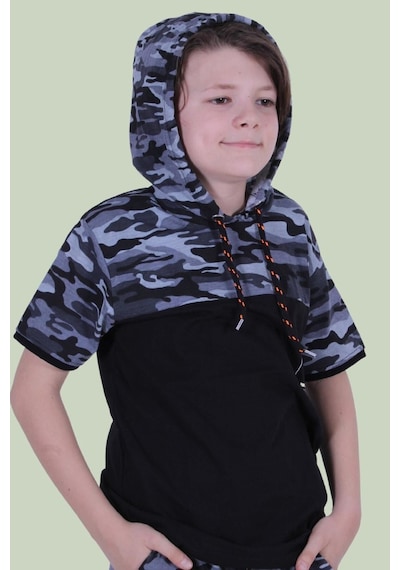 Panios Kids Kapşonlu Kamuflaj Desen Erkek Çocuk T-shirt Gri