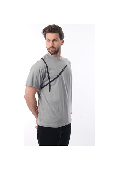 Madmext Boyalı Gri Bisiklet Yaka Şerit Detaylı Pamuklu Erkek T-shirt E7033 Gri