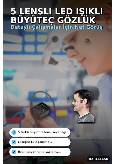 5 Lensli 2 Led Işıklı Büyüteç Gözlük - Ayarlanabilir Pilli Model, Hobi Ve Tamir İçin Bx-313456