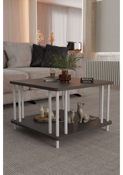 Modern Kare Orta Sehpa Çift Katlı Beyaz Metal Ayaklı Salon, Ofis, Dekoratif Masa Antrasit Modern Kare Orta Sehpa Çift Katlı Beyaz Metal Ayaklı Salon, Ofis, Dekoratif Masa Antrasit