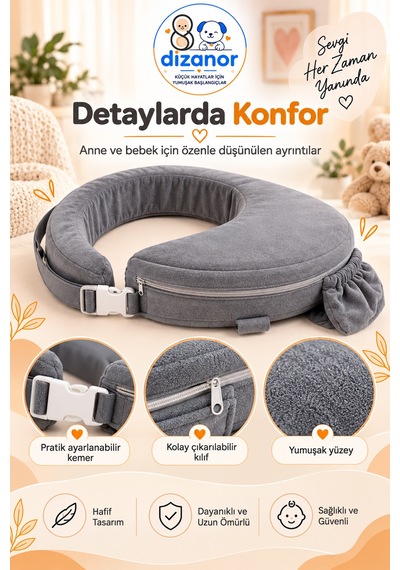 Dizanor Ayarlanabilir Kemerli Çok Amaçlı Emzirme Minderi Fermuarlı Yıkanabilir Kılıf 56x50x11 Cm - Gri