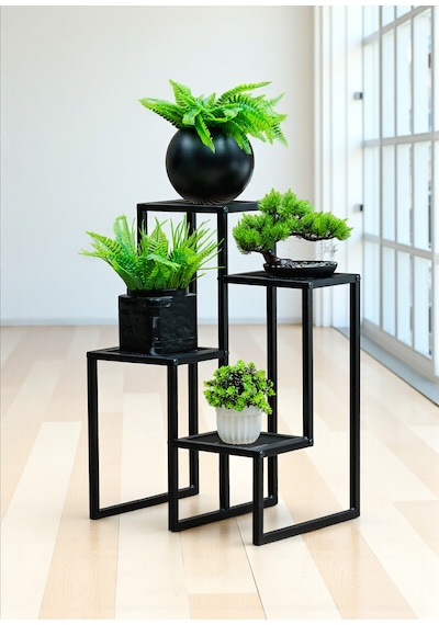 Dekoratif Metal 4 Raflı Saksılık Katlı Dikey Saksı Standı Çiçeklik Bahçe Ve Balkon Dekoru Garden Siyah