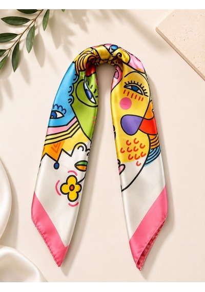 Kumru Studio Renkli Yüz Motifli Bandana Ve Fular Çok Renkli