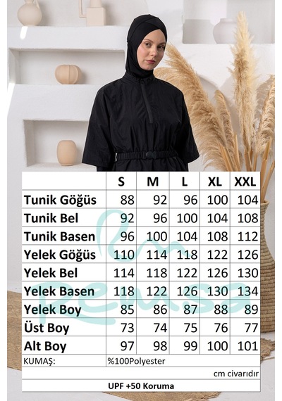 Adasea Uv Korumalı Paraşüt Bilek Geçirme Detay Yelekli Tam Kapalı Tesettür Mayo 1306 Siyah04 Siyah